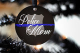 Police Mom Thin Blue Line Black with Badge Shape Metal Christmas Ornament