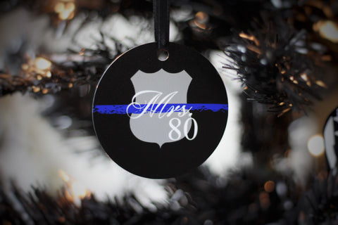 Personalized Thin Blue Line Mrs. Police Wife Metal Christmas Ornament with Badge Shapes