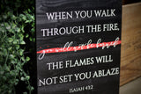 Thin Red Line Walk Through the Fire Wood Sign for Firefighters Isaiah 43:2
