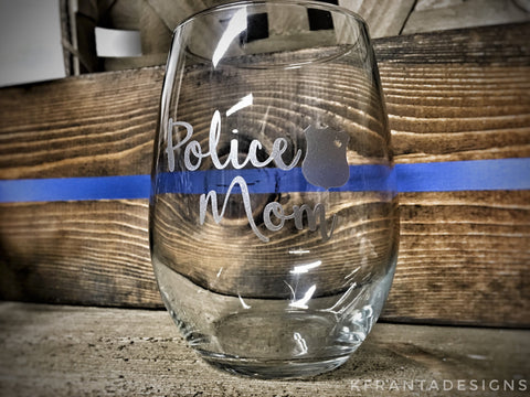 Police MOM Badge with Heart Etched Look Stemless Wine Glass