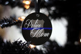 Police Mom Thin Blue Line Black with Badge Shape Metal Christmas Ornament