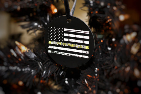 Dispatcher American Flag Thin Gold Line Black Metal Christmas Ornament